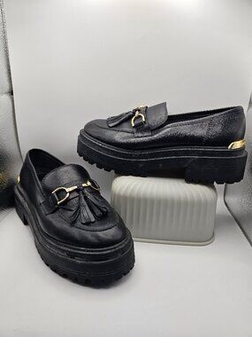 Jorge Bischoff Black Leather Chunky Sole Tassel Loafers – Size 7